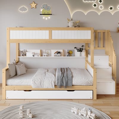 MEUNIQ stapelbed voor kinderen 252 x 128,5 x 148 cm met uitschuifbed, opbergtrap, kledingkast en valbeveiliging, 3 slaapplaatsen voor kinderkamer, wit en naturel