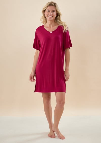 Little Label - beau dames nachthemd bamboe - donkerrood - XS/ 34 - extra zacht en duurzaam