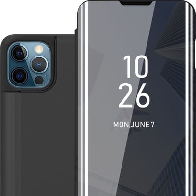 Cadorabo Hoesje geschikt voor Apple iPhone 12 PRO MAX in TOERMALIJN ZWART - Clear View Spiegel Beschermende Case met Tribunefunctie 360 Graden Bescherming Book Case Cover Etui