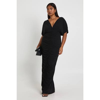 boohoo Dames Plus Dubbelgelaagde Geruched Diep-uitgesneden Vleugelmouwen Maxi-jurk | Zwart | Maat: 44