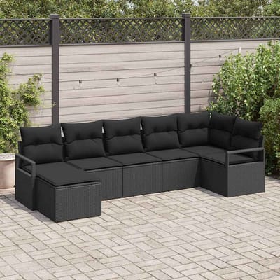 vidaXL Bankstel met kussen met opslag 7 pcs Zwart poly rattan