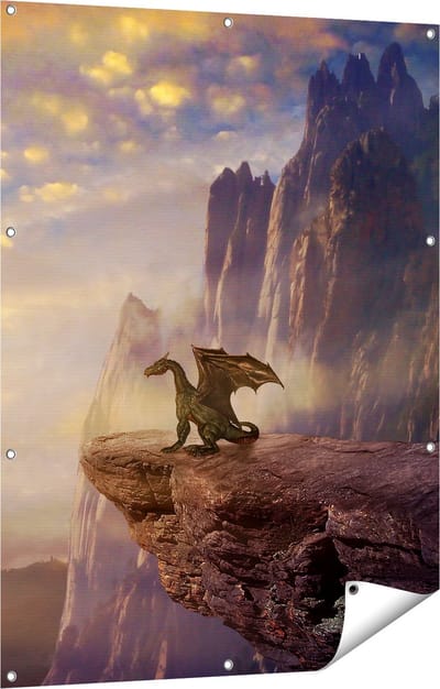 Gards Tuinposter Draak op een Rots bij Zonsondergang - 90x120 cm - Tuindoek - Tuindecoratie - Wanddecoratie buiten - Tuinschilderij