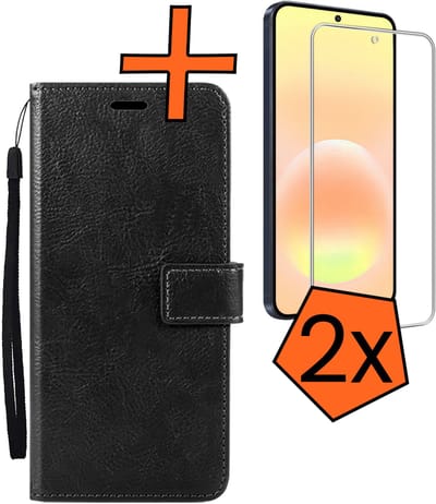 Hoes - Met 2x Screenprotector - Geschikt voor Samsung Galaxy A57 - Luxe Pasjeshouder - Bookcase Portemonee - Flip Case - Kunstleer Book Case - Flipcase Hoes - Book Cover - Walletcase - PortemonneeHoes - Zwart