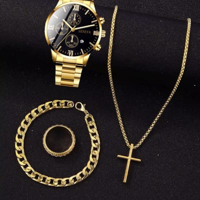 Fler® | 4-delige Heren Sieradenset | Goudkleurige Quartzhorloge, Kruisketting, Armband en Ring | Valentijnsdag cadeau | Kerst cadeau | Goudkleurig