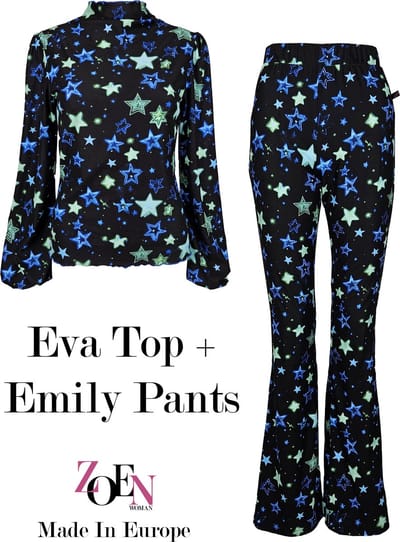 Zoen Woman - Eva top en Emily pants set - unieke sterren print - stretch pak - maat XS