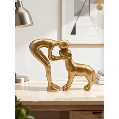 Sculpture de Chien pour Décoration Intérieure, Statue Mignonne d'Homme et de Chien pour Bureau, Salon, Chambre à Coucher, Maison, Cadeaux Commémoratifs pour Amoureux des Animaux, Décoration de Pièce, Décoration de Maison Gold brown