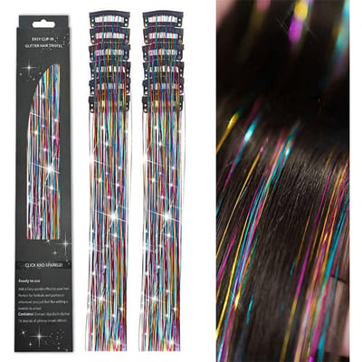 12 stuks/set Glanzende Draadjes Glitter Haar Tinsel Kit Meerkleurig Zijdeachtig Haar Glitter String Extensies Accessoires Voor Vrouwen Hoofddeksel veelkleurig