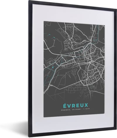 Fotolijst incl. Poster - Évreux - Plattegrond - Kaart - Stadskaart - Frankrijk - 30x40 cm - Posterlijst