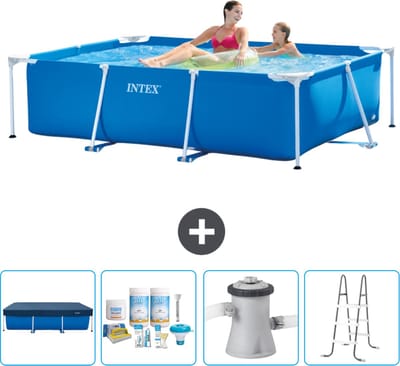 Intex Rechthoekig Frame Zwembad - 220 x 150 x 60 cm - Blauw - Inclusief Afdekzeil - Onderhoudspakket - Zwembadfilterpomp - Ladder