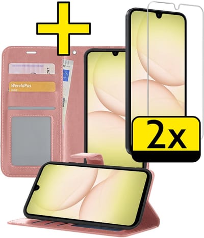 Hoesje - Met 2x Screenprotector - Geschikt voor Samsung Galaxy A17 - Luxe Pasjeshouder - Bookcase Portemonee - Flip Case - Kunstleer Book Case - Flipcase Hoes - Book Cover - Walletcase - Portemonneehoes - Telefoonhoesjes - Rosé goud