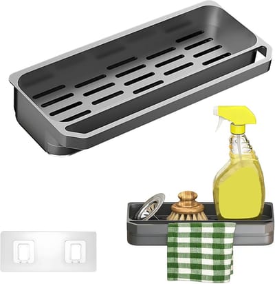 gootsteen, gootsteenorganizer, wandkeukenplank zonder boren, opbergrek voor gootsteen, wastafel, badkamer en keuken, grijs