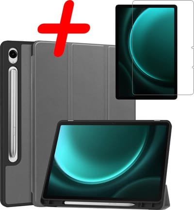 Hoesje Geschikt voor Samsung Galaxy Tab S9 FE - Met Screenprotector - Trifold Bookcase - Hard Cover Case - Met Uitsparing Geschikt voor S Pen - Hardcover Book - Tablet Hoes - Grijs