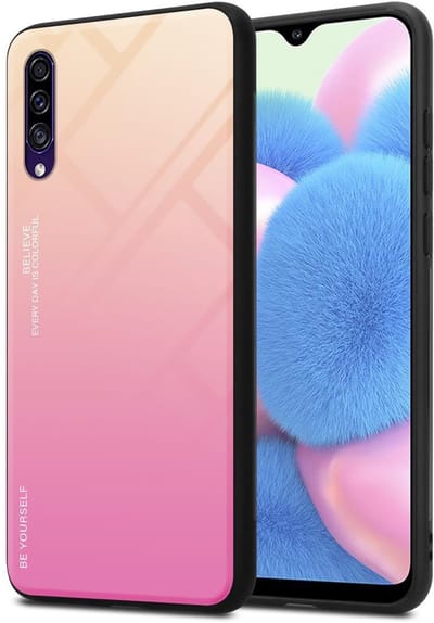 Cadorabo Hoesje geschikt voor Samsung Galaxy A50 4G / A50s / A30s in GEEL - ROZE - Tweekleurige beschermhoes van TPU-silicone Case Cover en achterzijde van gehard glas