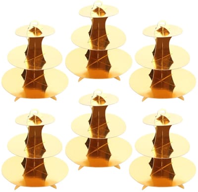 Dailygoods- Taartstandaard 6 Stuks - Gouden Kartonnen Cupcakehouder - 3 Lagen - Verjaardagsfeest/Bruiloft - Sterk/Duurzaam - 30/23/16 cm