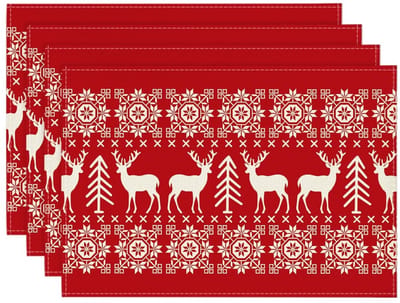 Dailygoody - Rode rendieren Kerst Placemats - Vintage Tafelmatten - 30 x 45 cm - Wasbaar en Antislip - Set van 4 - Perfect voor Feestdagen