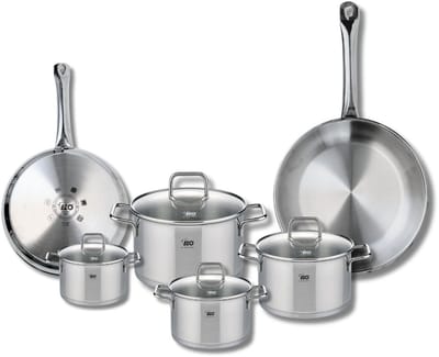Set van 2 Koekenpannen 24 en 28 cm en 4 kookpotten 12, 14, 16 en 20 cm Elo Profi Citrin