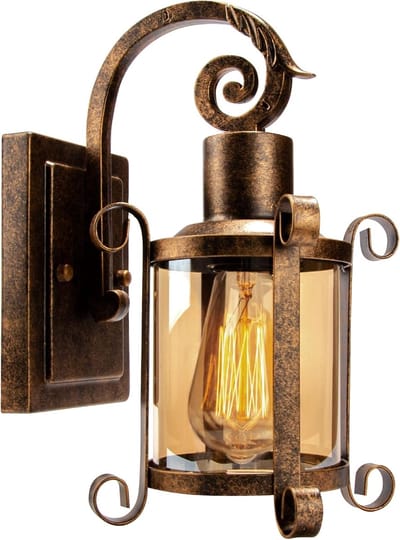 Set van 2 Rustieke Wandlampen Brons Geborsteld met Barnsteenkleurig Glas | Industriële Binnen/Buitenverlichting