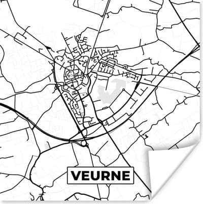 Poster Zwart Wit – België – Plattegrond – Stadskaart – Kaart – Veurne - 100x100 cm XXL