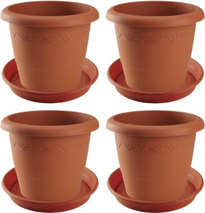 4x stuks bloempotten met onder opvangschaal in kleur terra cotta - rond diameter pot 40 cm - Plantenpotten/bakken