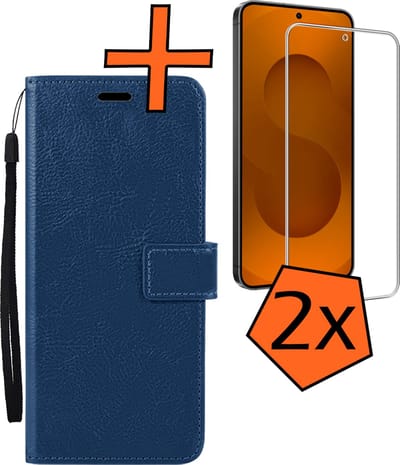 Hoes - Met Screenprotector - Geschikt voor Samsung Galaxy S25 FE - Luxe Pasjeshouder - Bookcase Portemonee - Flip Case - Kunstleer Book Case - Flipcase - Book Cover - Walletcase - PortemonneeHoes - Donkerblauw