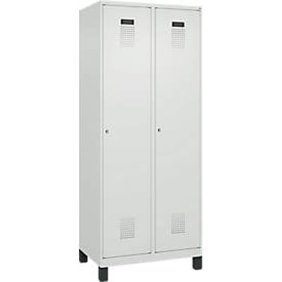 C+P Evolo Plus garderobekast, 2 vakken, 400 mm vakbreedte, met poten, rechts scharnierend, soft-close, inbraakwerend, B 800 x D 500 x H 1950 mm, cilinderslot, lichtgrijs RAL 7035/lichtgrijs RAL 7035