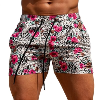 Wit zwart roze zwembroek heren met bloemen en dierenprint, elastische tailleband met trekkoord, korte zwemshort met rozenpatroon en opvallende all over print maat M