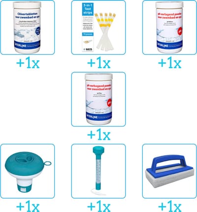 Zwembad Onderhoudspakket - Onderhoud Zwembad - bevat Chloor - Testrips - PH-min - PH-plus - Chloordrijver - Thermometer en Scrubborstel (7-delig)