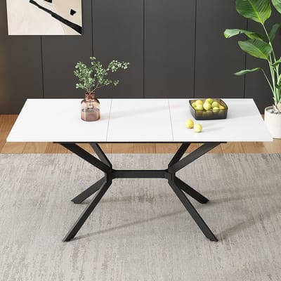 KOMHTOM Tafel Eettafel Uitschuifbare eettafel zitplaatsen vier tot zes zwart metalen tafelpoten Rechthoekige eettafel Wit