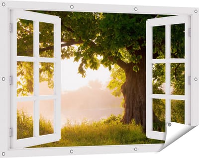 Gards Tuinposter Doorkijk Eikenboom aan het Water met Volle Bladeren - 120x80 cm - Tuindoek - Tuindecoratie - Wanddecoratie buiten - Tuinschilderij
