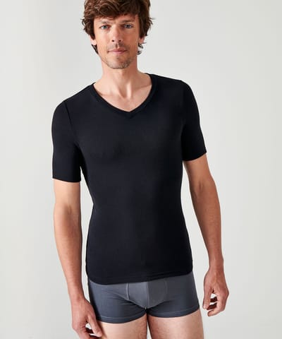 Damart - T-shirt met korte mouwen V-hals fijn geribd Thermolactyl Sensitive - Heren - Zwart - S