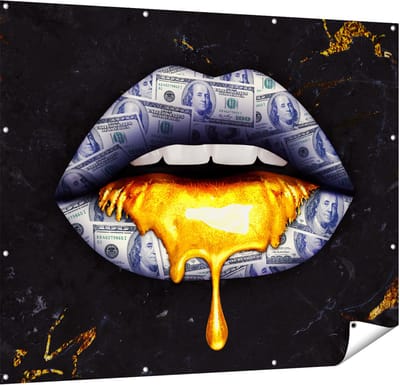 Gards Tuinposter Dollar Lippen met Goud - 150x120 cm - Tuindoek - Tuindecoratie - Wanddecoratie buiten - Tuinschilderij