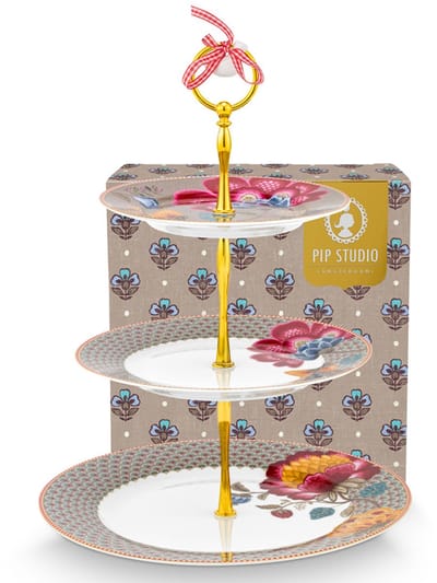 Pip studio-Taartstandaard/etagère -3 lagen-Blooming Tales Fantasy Khaki-Ø17-21-26.5 cm-Porselein
