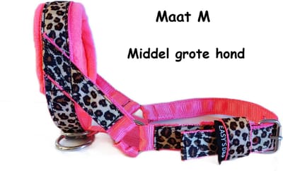 Hoofdhalster hond - Anti trek - Zwart - Gevoerd - Maat M - Neon roze - Panter print - Antitrek hoofdhalster hond - Hoofdhalster hond - Antitrek hond - Trainingshalsband
