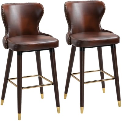 Pugsdrly Set van 2 barkrukken met voetsteun, barkruk met rugleuning, bistrokruk, eetkamerstoel, barkruk, kunstleer, bruin, 52 x 53 x 101 cm