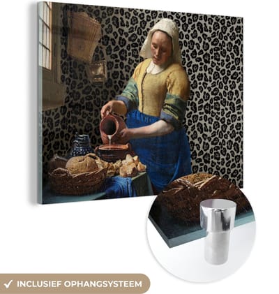 MuchoWow® Glasschilderij 160x120 cm - Schilderij acrylglas - Melkmeisje - Kunst - Panterprint - Vermeer - Schilderij - Oude meesters - Foto op glas - Schilderijen
