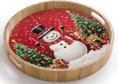 Dienblad rond 40x40 cm - Schootdienblad hout - Feestvreugde - Winterbos - Kleurrijk - Borrelplank rechthoek - Plateau houten dienbladen