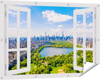 Gards Tuinposter Doorkijk Central Park in New York met Wolkenkrabbers - 120x80 cm - Tuindoek - Tuindecoratie - Wanddecoratie buiten - Tuinschilderij