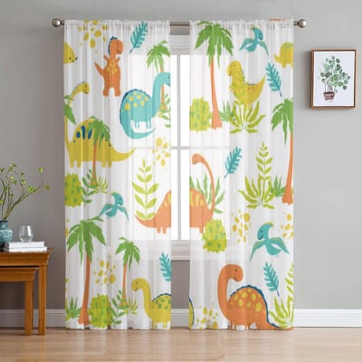 Dinosaurussen Illustratie Transparante Gordijnen voor Woonkamer Transparante Tule Raamdecoratie Slaapkamer Keuken Woondecoratie Sluier Gordijnen 135W x 114H(cm)