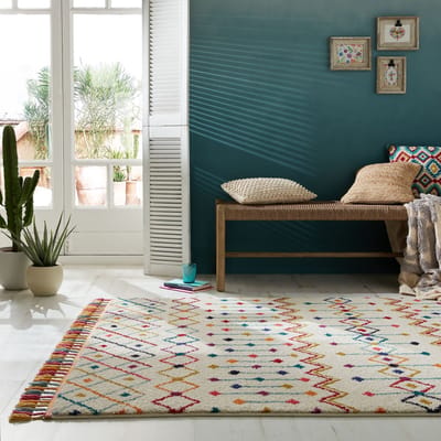 Flycarpets Kleurrijk Vloerkleed - Prairie - Laagpolig - Franjes - Creme - 160x230 cm