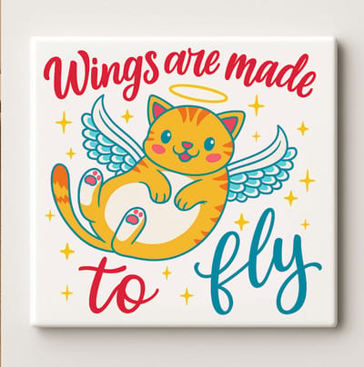 Wings Are Made to Fly Keramische Tegel 15x15 cm – Schattige Engel Kat Ontwerp – Inspirerende Wanddecoratie & Perfect Cadeau voor Dierenliefhebbers