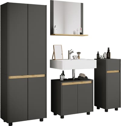VCM 4-tlg. Badmöbel Set mit Waschbeckenunterschrank, breiter Hochschrank, Midischrank & Spiegel - Cosila L