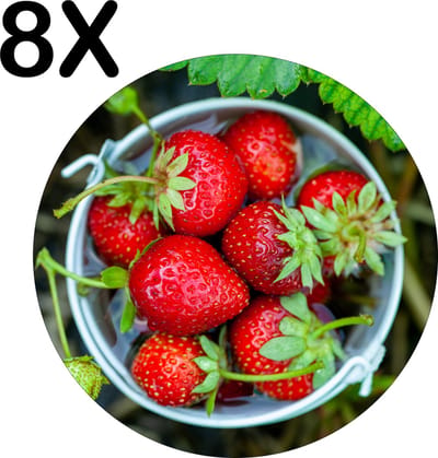 Luxe Ronde Placemat - Bakje Aardbeien Tussen de Plantjes - Set van 8 Placemats - 50x50 cm - 2 mm dik Vinyl - Anti Slip - Afneembaar