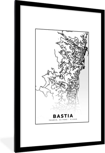 Fotolijst incl. Poster Zwart Wit- Stadskaart – Plattegrond – Kaart – Bastia - Frankrijk - Zwart wit - 80x120 cm - Posterlijst