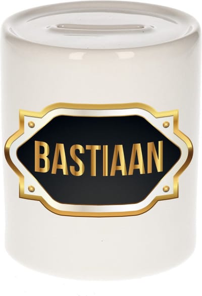 Spaarpot met voornaam Bastiaan - wit - met goud/zwart embleem - 8 x 9 cm - keramiek - met afsluitdop - cadeau verjaardag