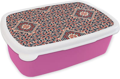 Broodtrommel Roze - Lunchbox - Brooddoos - Design - Borduren - Motief - Patronen - 18x12x6 cm - Kinderen - Meisje