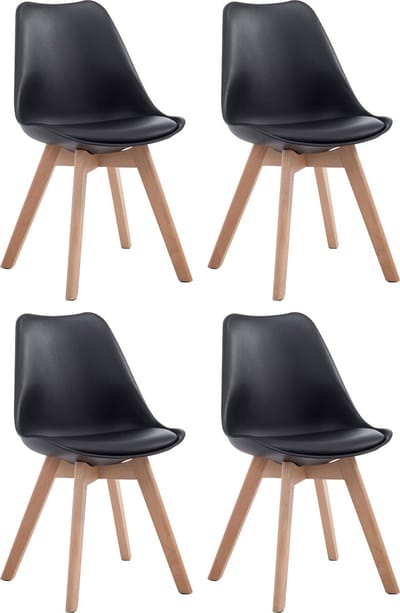 CLP Borneo Set van 4 eetkamerstoelen - Zonder armleuning - Hout frame - Kunstleer - zwart natura