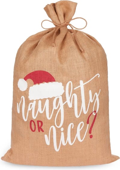 BRUBAKER Kerstzak Naughty or nice - 80 cm cadeauzak voor Kerstmis - Kerstzak van jute - zak met koord voor het verpakken van geschenken