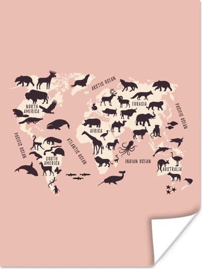 Poster - Wereldkaart - Dieren - Roze - 30x40 cm