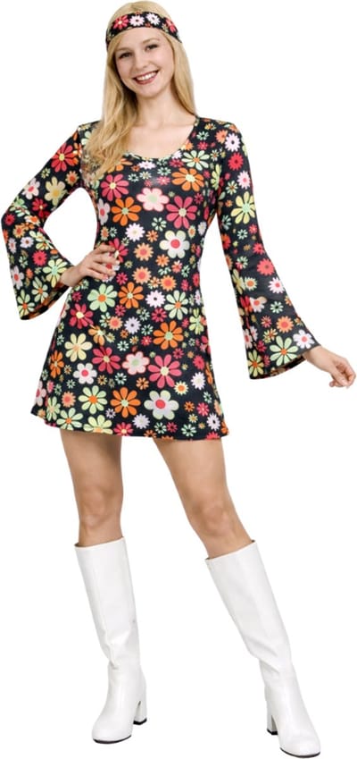 Joya Party® Hippie Verkleedjurk Dames Zwart met Bloemen print | Jaren 60/70 Flower Power Kostuum | Inclusief Haarband | Verkleedkleding Bloemen Volwassenen | Stretch Stof | Carnaval / Themafeest | Maat S