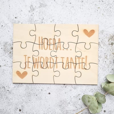 Hoera... Je wordt tante! | Houten puzzel A5 | Zwangerschapsaankondiging | bekendmaking zwangerschap